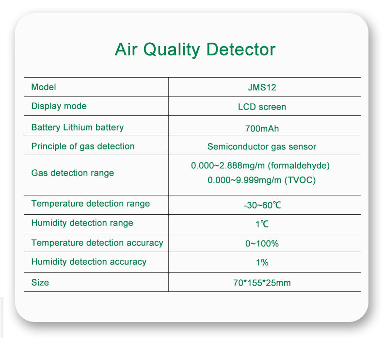 JMS12 Formaldehyde Tester Detect The TVOC CO2 Tumidity Temperature Formaldehyde Safe levels
